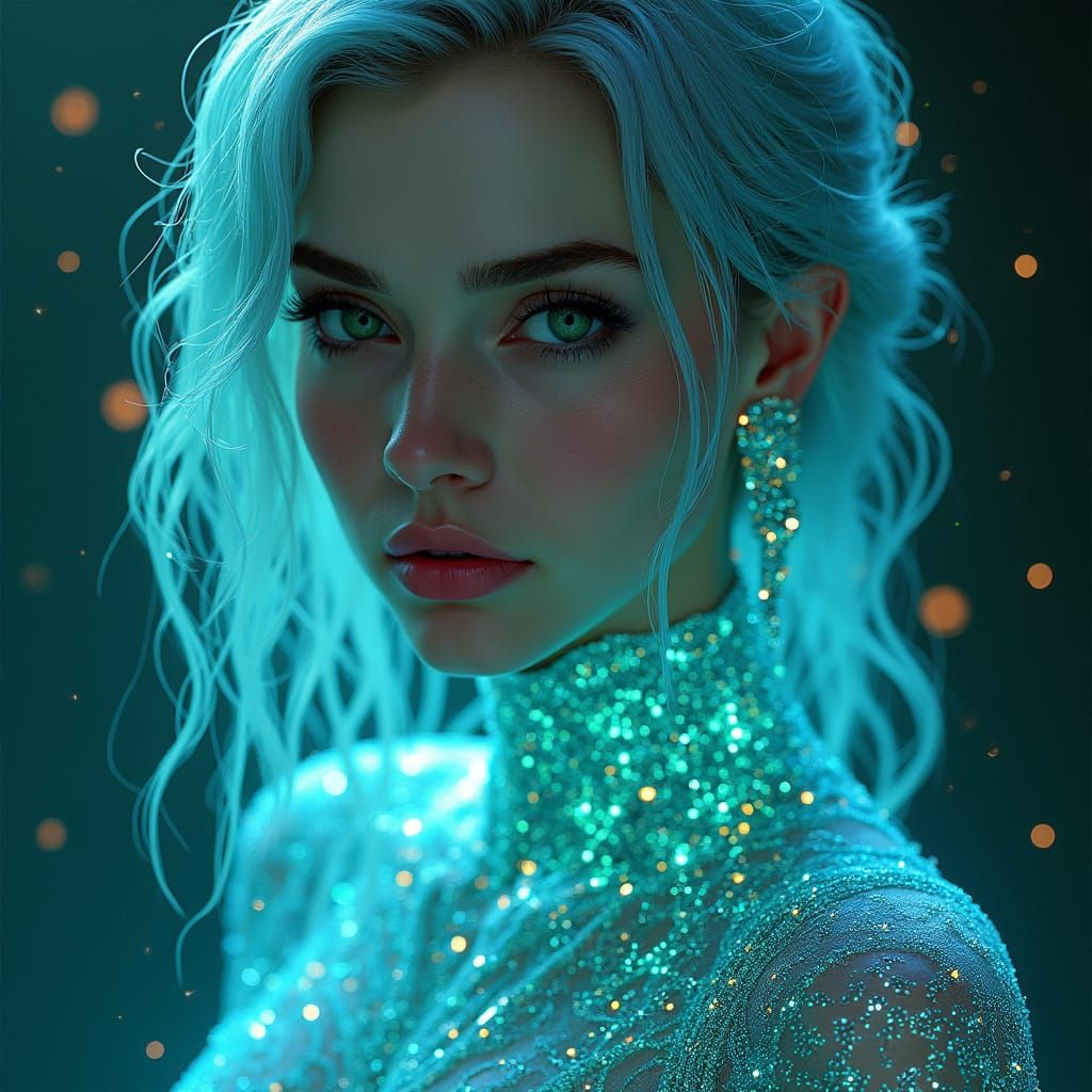 Ethereal Cyberpunk Goddess with Shimmering Gown and Starligh...