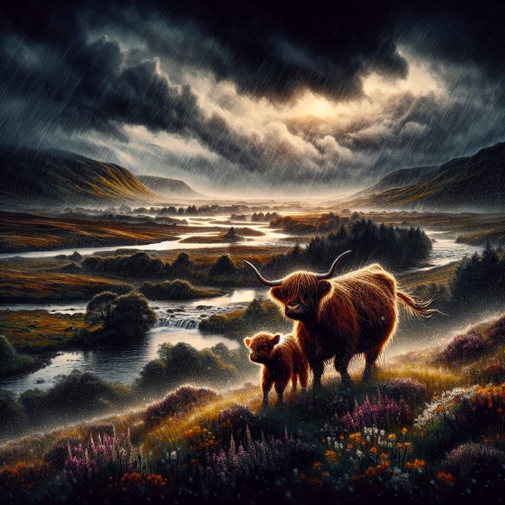 Highland Cow and Calf in Rainy Scottish Highlands