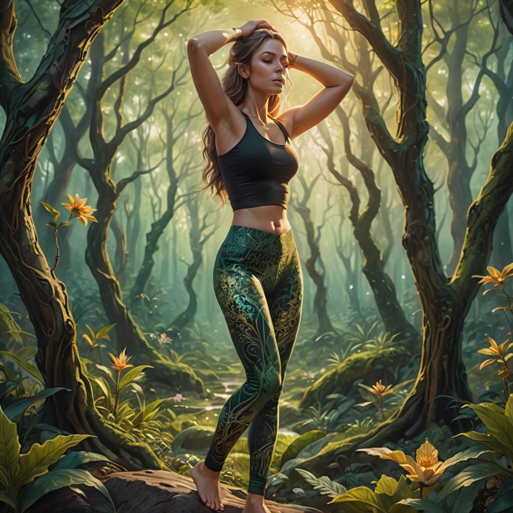 Mystical Forest Yoga Pose in Oil Painting Style