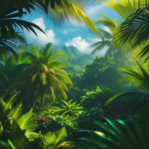 Lush Tropical Forest in Impressionist Style