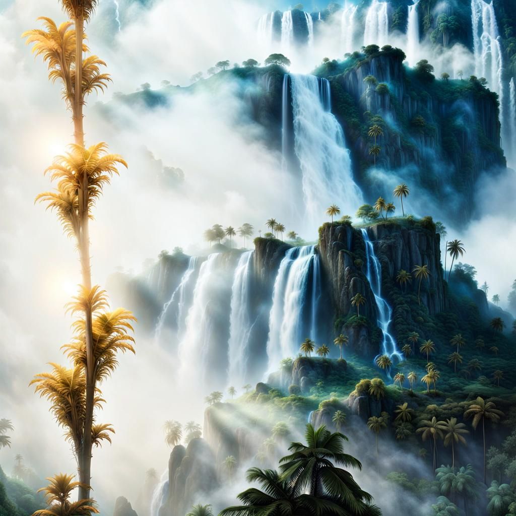 Mystic Waterfall in Jungle at Night: Digital Illustration