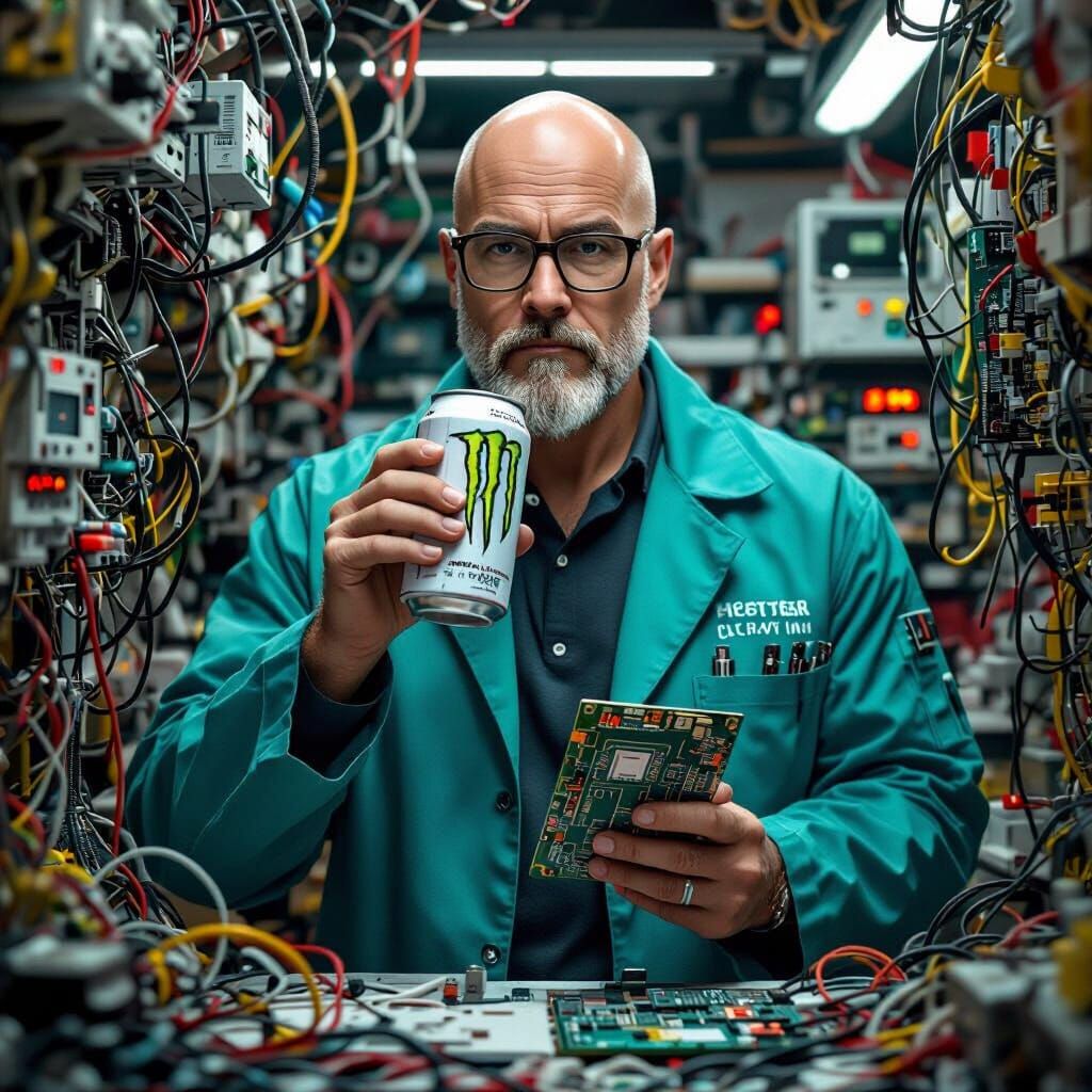 Bald Man in Teal Lab Coat with Monster Can