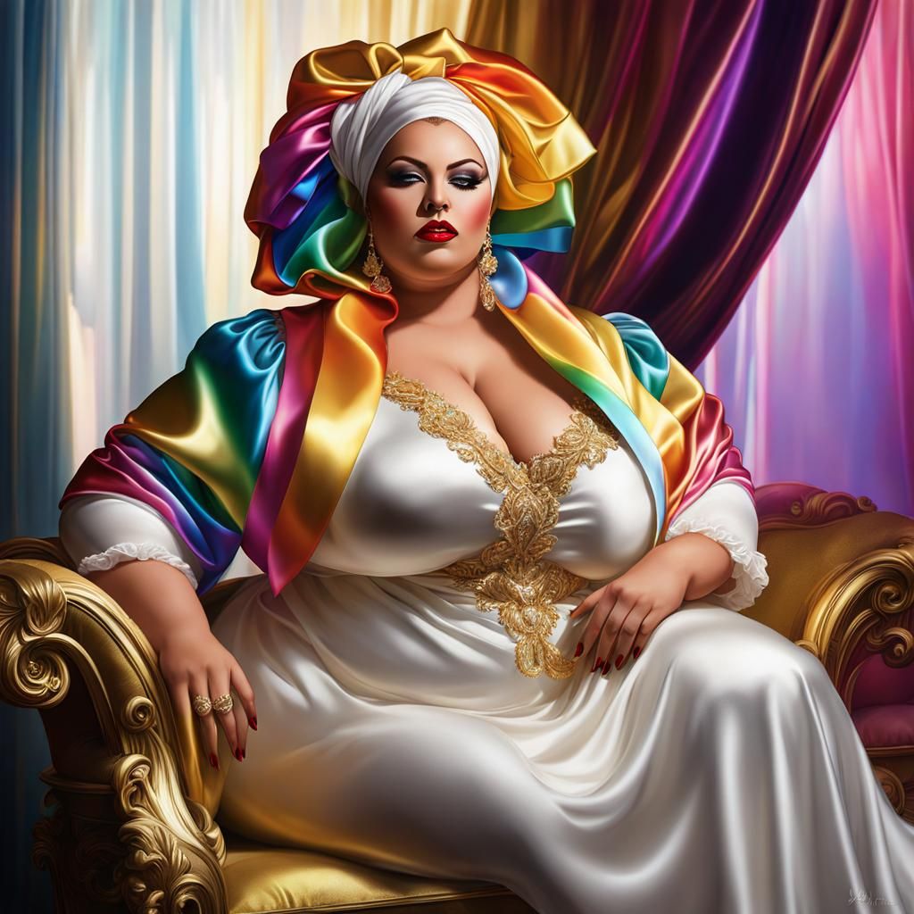 BBW Woman in Rainbow Satin Outfit, Digital Art