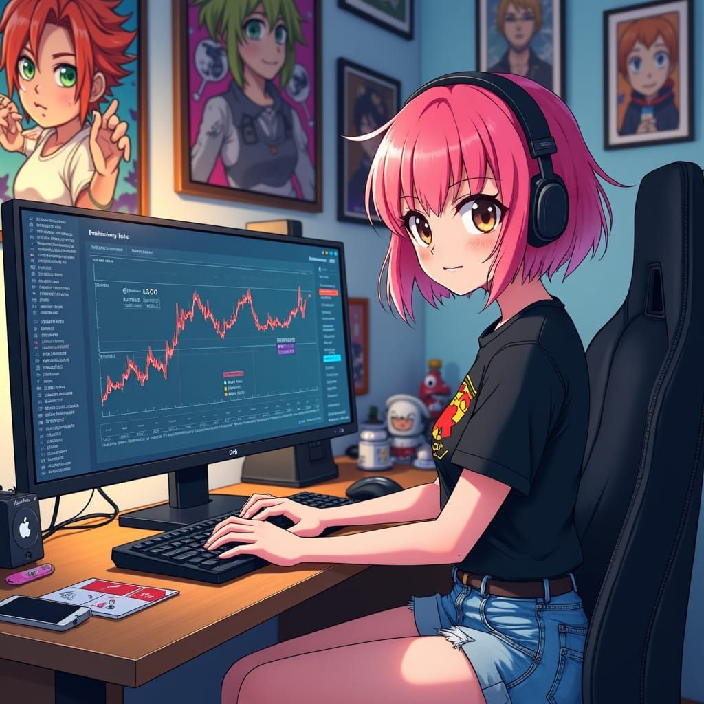 Anime Gamer Girl Analyzing Palladium Charts
