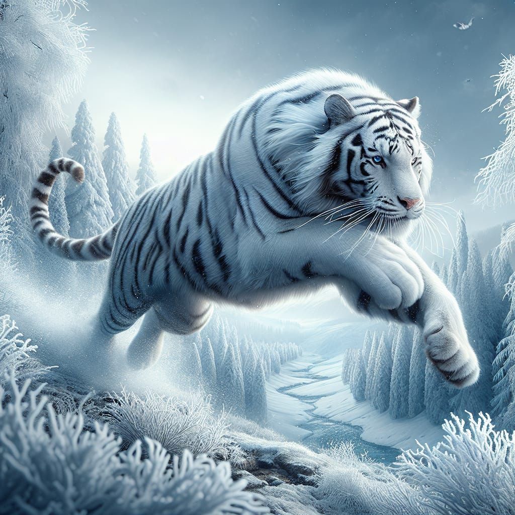 White Tiger Mid-Pounce in Winter Landscape, Matte Painting