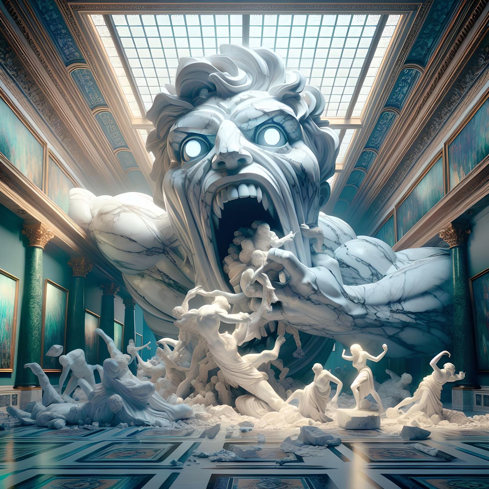 Massive Carrara Marble Statue Installation - Depection of Mans Innate Greed