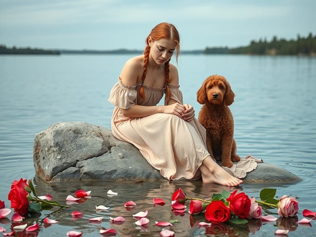 Woman and Poodle in Serene Lakeside Portrait