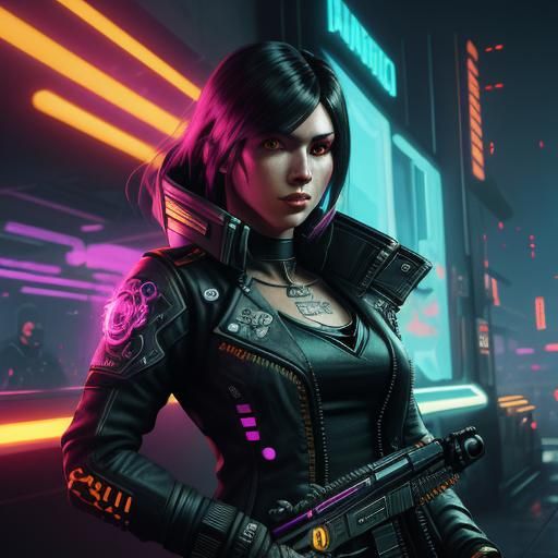 Cyberpunk Lady Portrait in Neon Retro Style