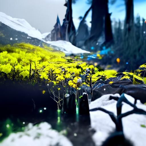 Snowy Night Forest with Fireflies and Dandelions
