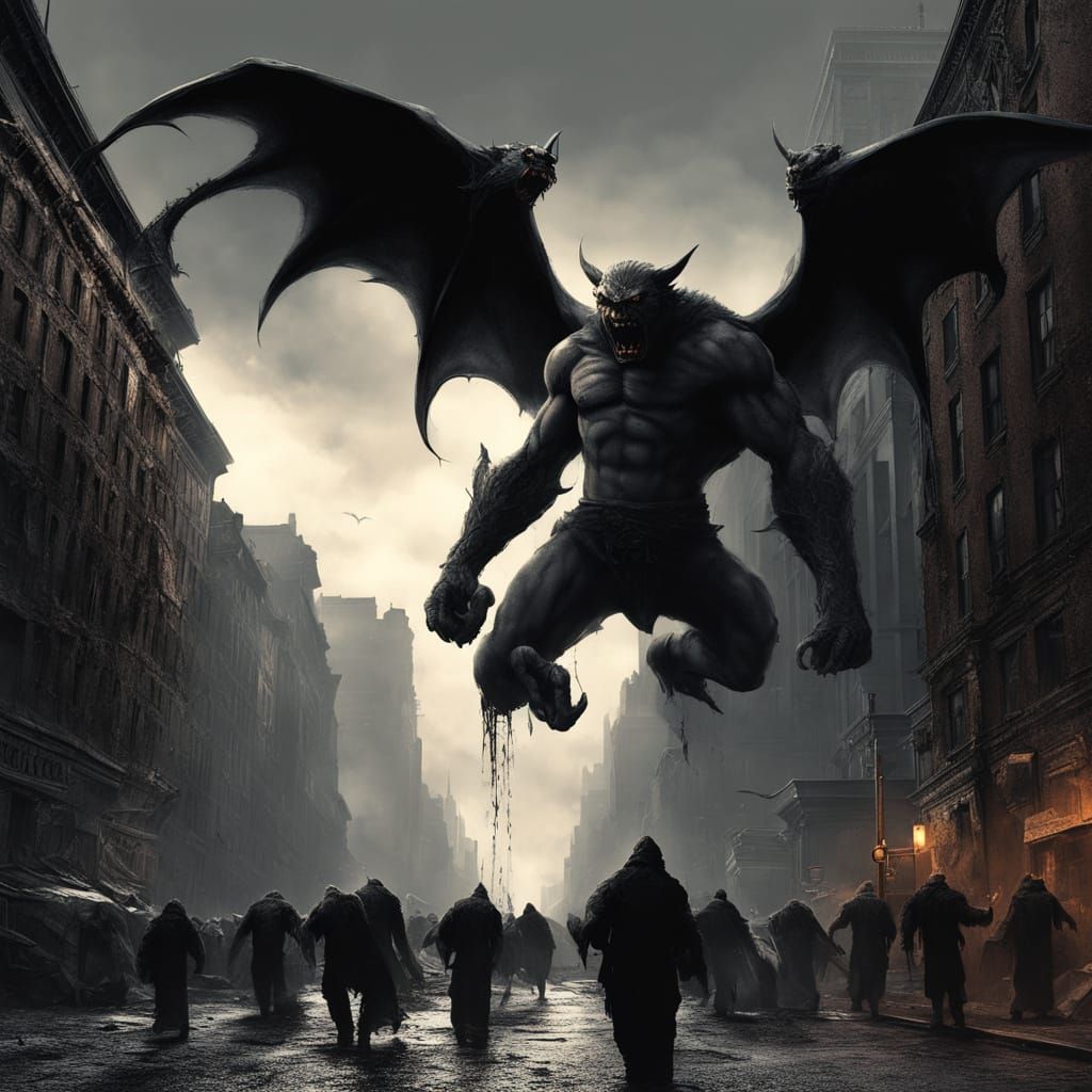 Gargoyle Swarm Attacks NYC Streets in Dark Fantasy Art