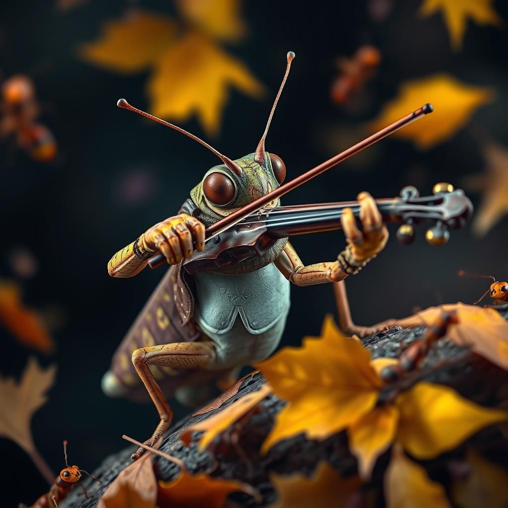 Vagabond Grasshopper Plays Fiddle in Autumnal Scene