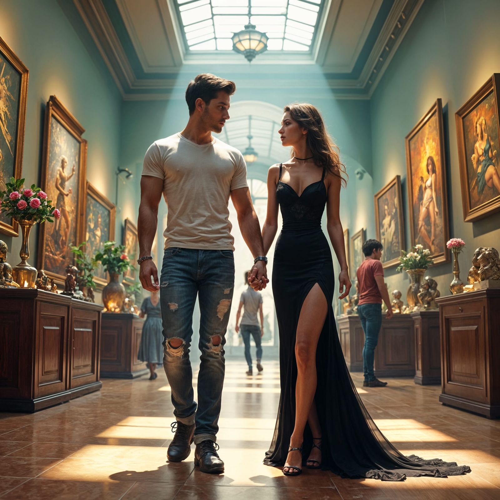 Couple Holding Hands in Art Gallery: Detailed Matte Painting