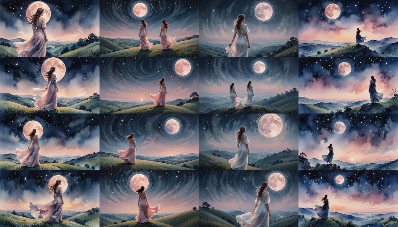 Nude Silhouette Under Strawberry Moon: Ethereal Painting