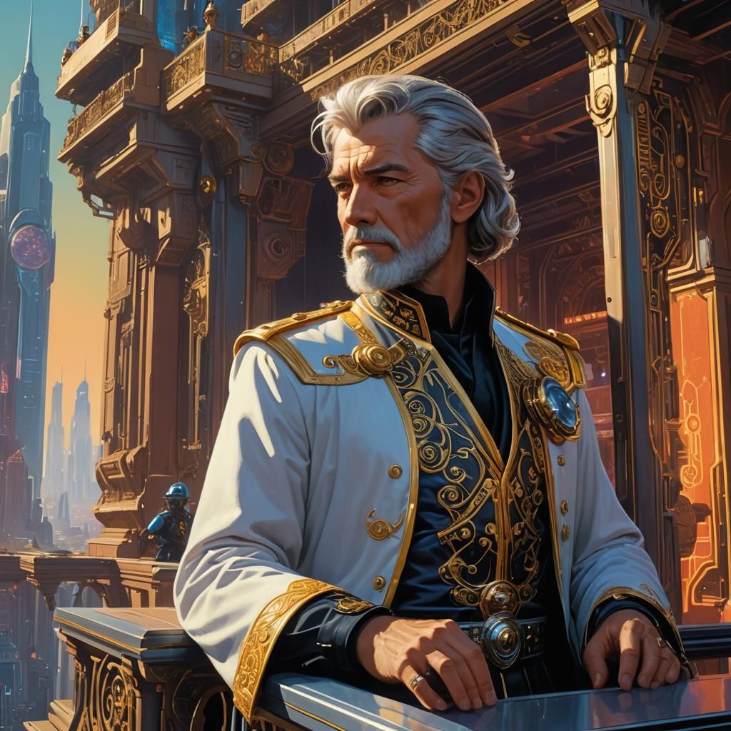 Sci-Fi Emperor Overlooking Neon Empire in Mead-esque Style