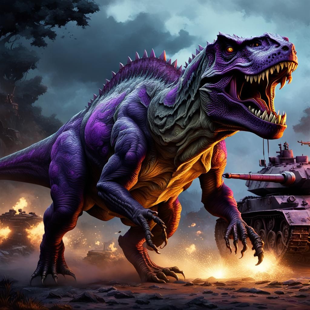 Vampiric T-Rex Chasing Tank: Dark Fantasy Art