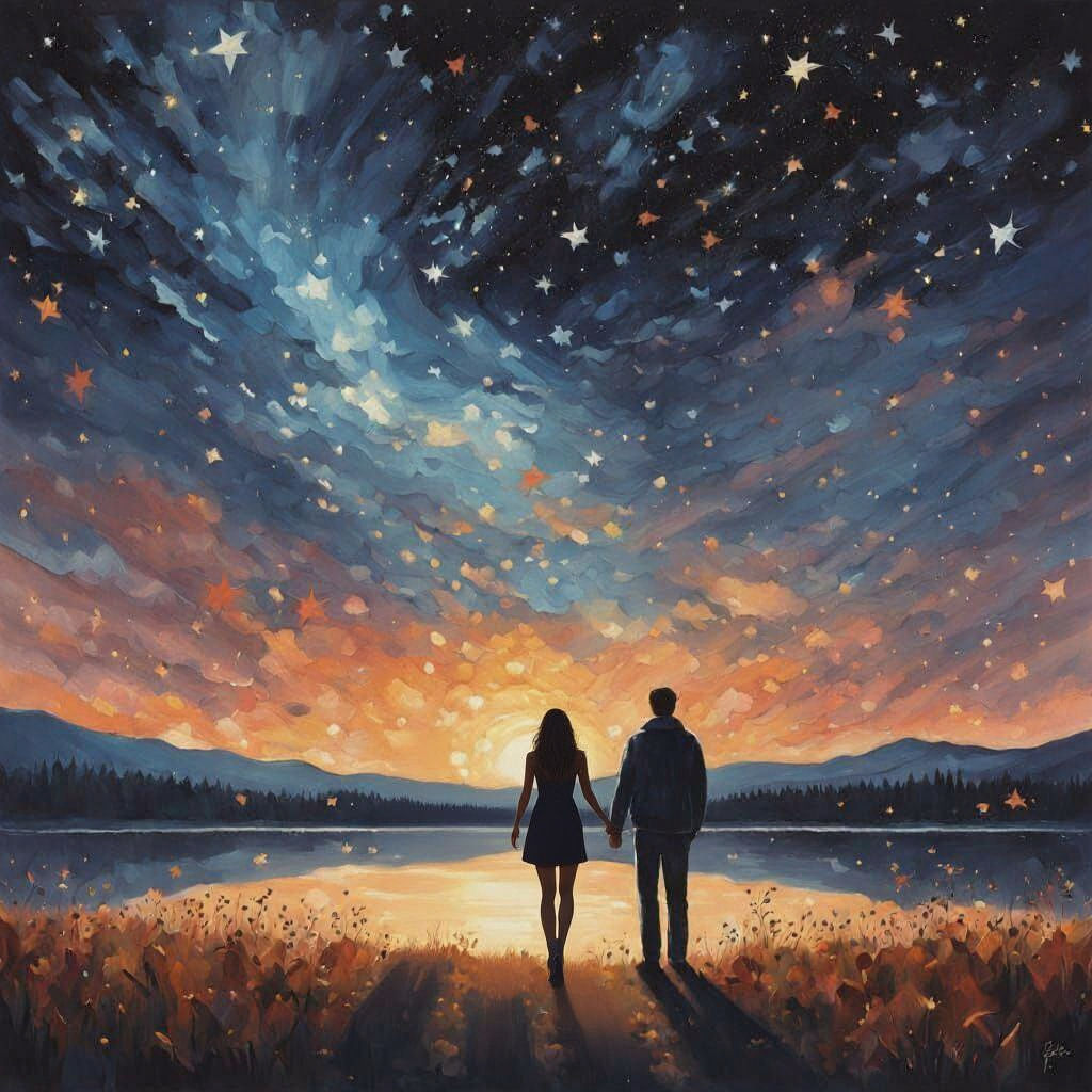 Couple Enjoying Bonfire Under Starry Autumn Sky