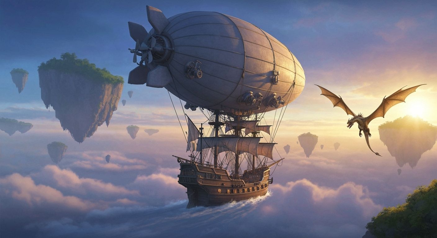 Pirate Ship Under Balloon Navigates Floating Islands with Dr...