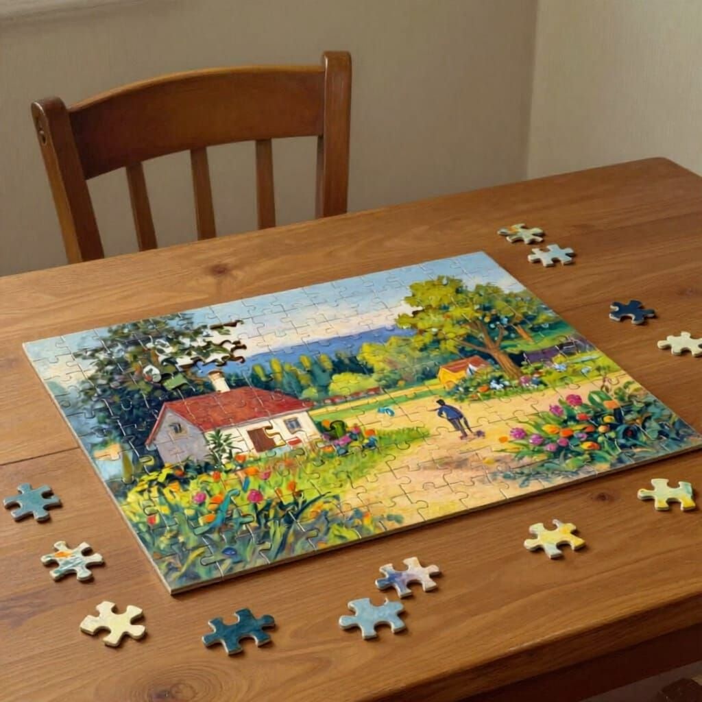 Jigsaw Puzzle Scene Mostly Completed on Table