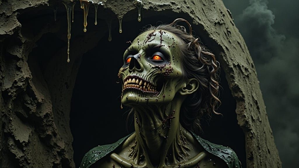 Dark Fantasy Figure Emerging from Cave in Granite Mountain