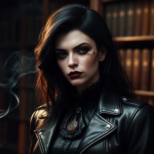 Dark Academia Woman in Library with Film Noir Lighting