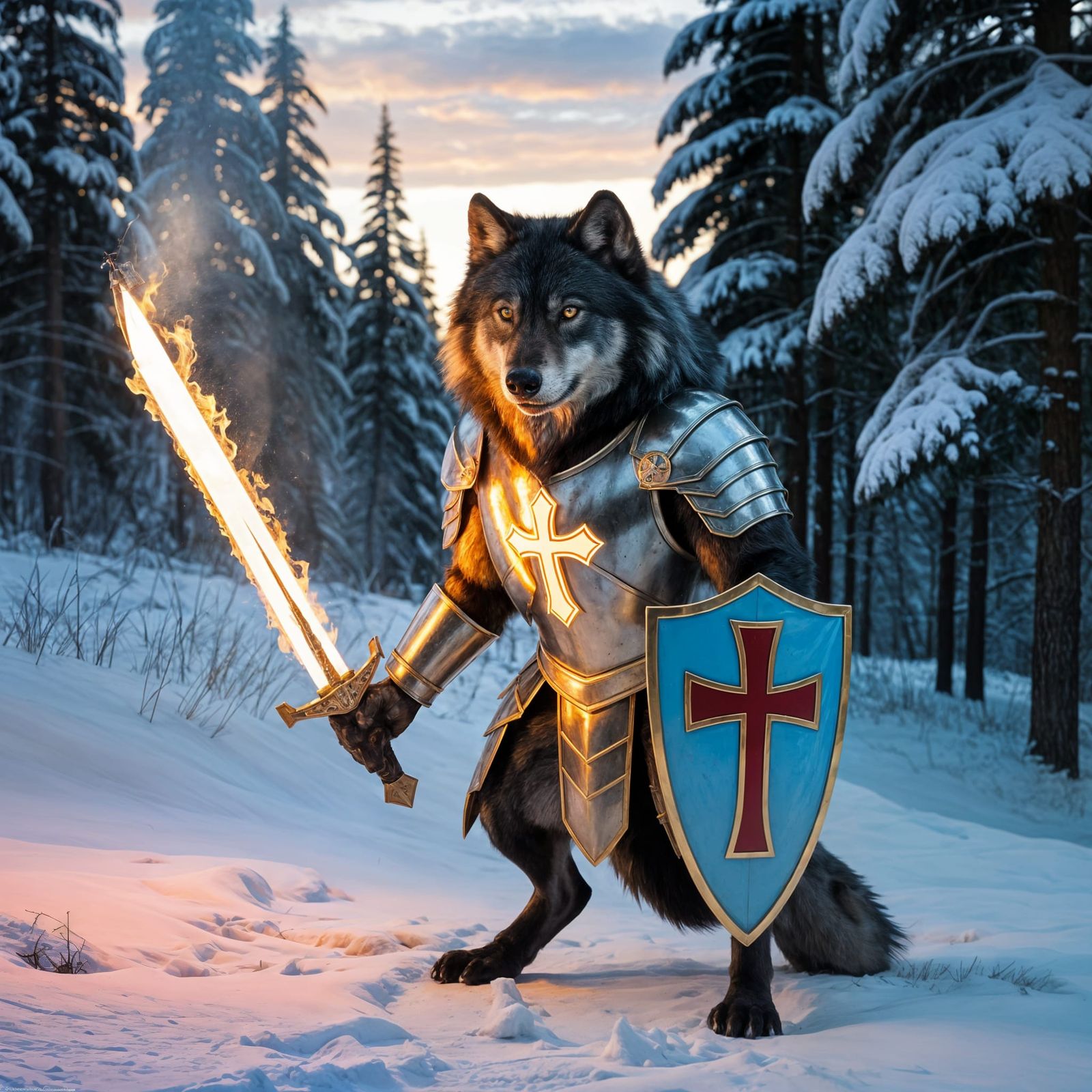 Armored Black Wolf with Flaming Sword and Shield