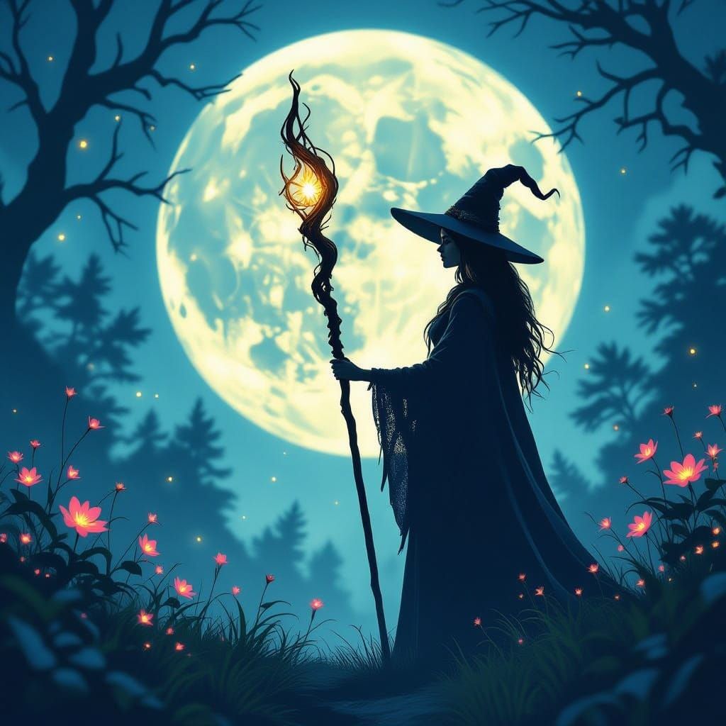 Witch in Enchanted Forest with Glowing Flora