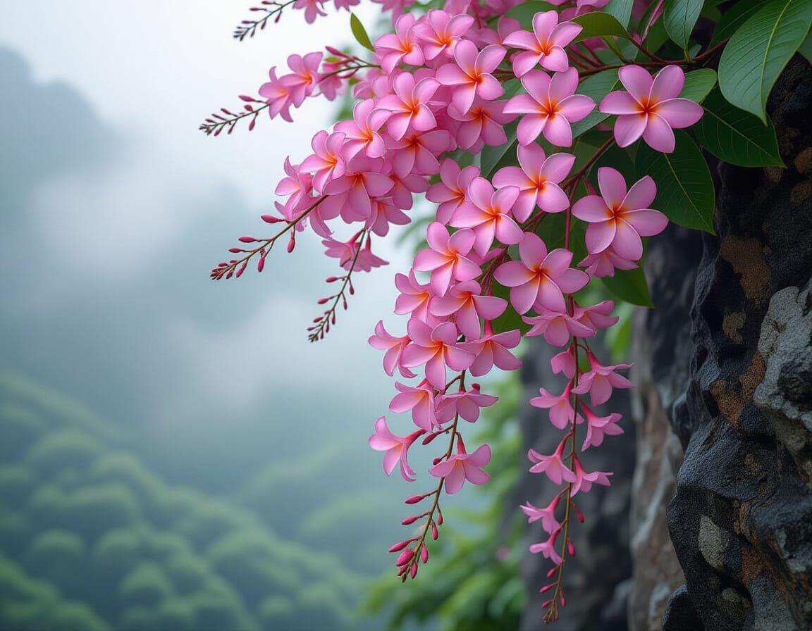 Hyperrealistic Fuchsia Frangipani Cascade in Mist