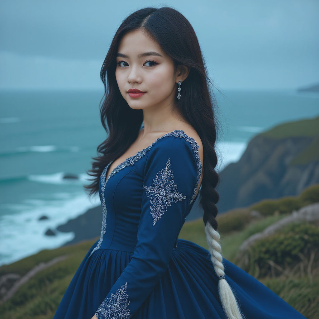 Woman with Braided Hair Overlooking Stormy Sea
