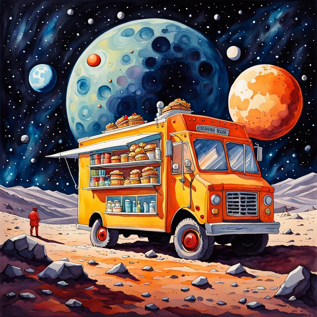 Food Truck on the Moon Watercolor