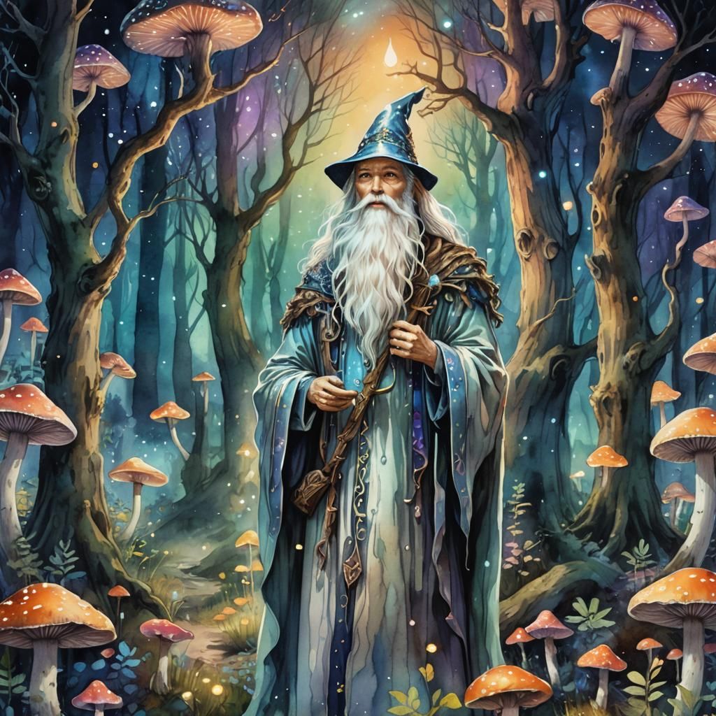 Mystical Wizard in Forest: Vibrant Watercolor Fantasy Art