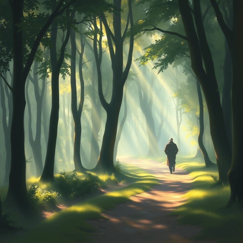 Serene Forest Path Guided by a Wise Teacher in Ethereal Land...