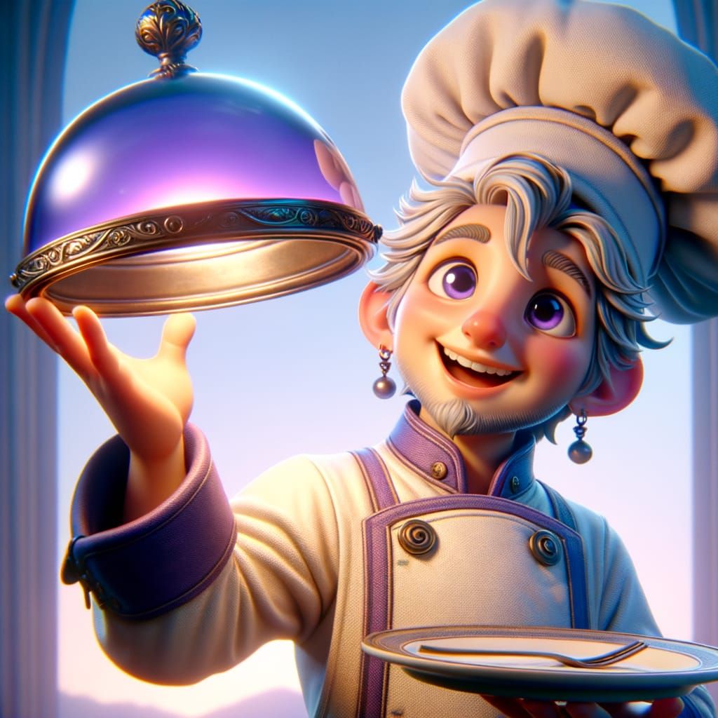 Cheerful Cartoon Chef Holds Empty Plate with Cloche