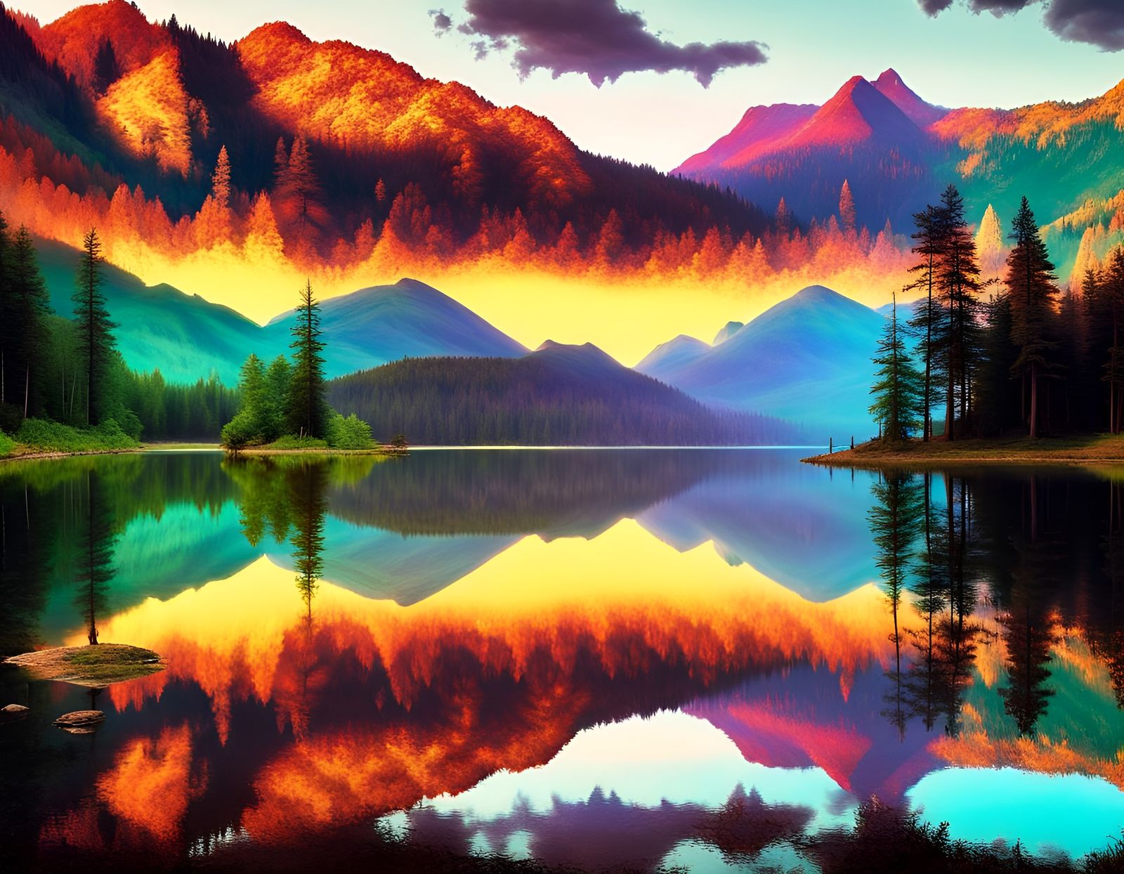 Double Exposure Mirrored Lake Reflecting Mountains