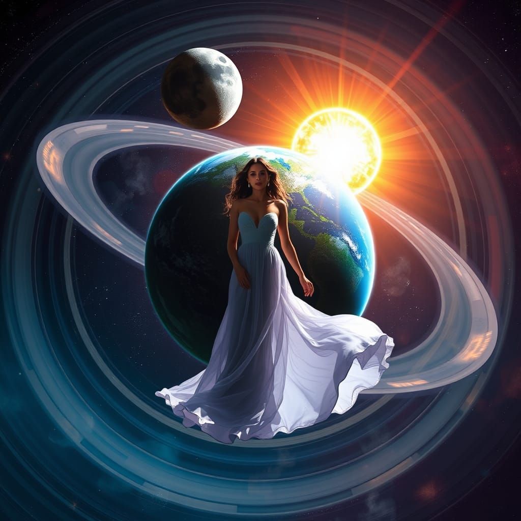 Woman at Center of Solar System in Hyperrealistic Style
