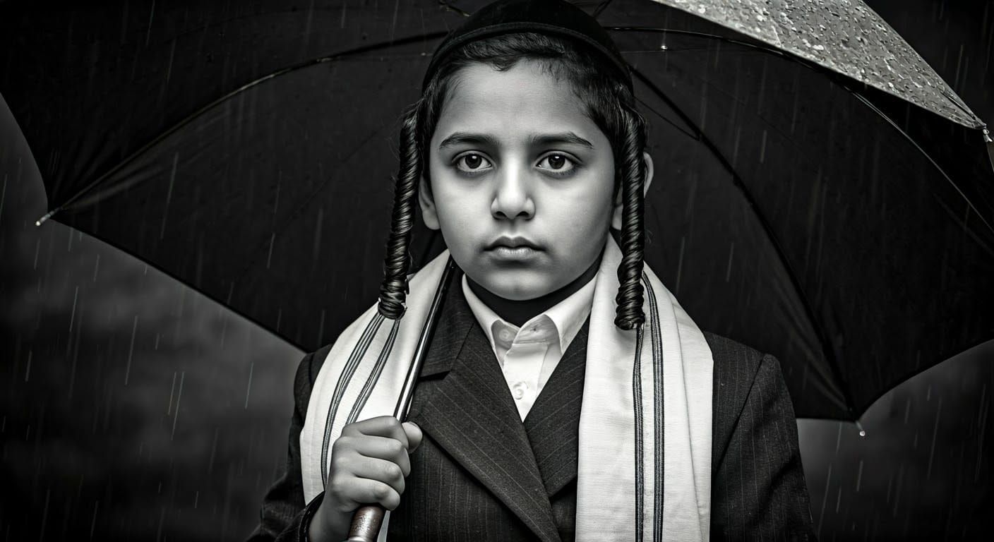 Young Urdu Boy in Orthodox Attire, Gritty High-Contrast Port...