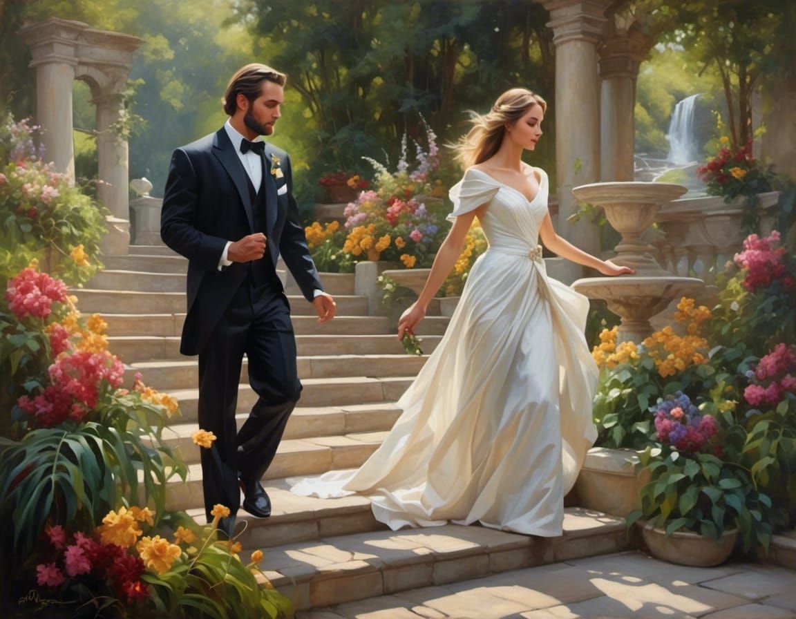 Jesus Leads Bride into Garden: Oil Painting