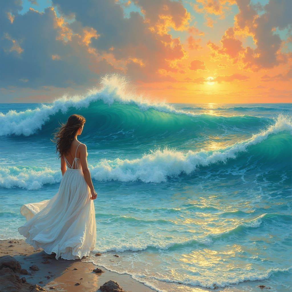 Woman at Ocean's Edge: Impressionist Sunrise