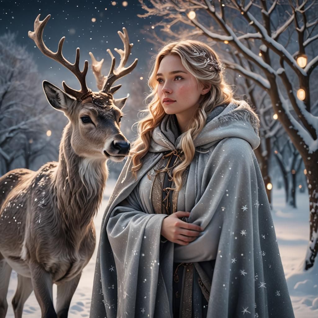 Woman and Reindeer Embrace Under Starry Sky