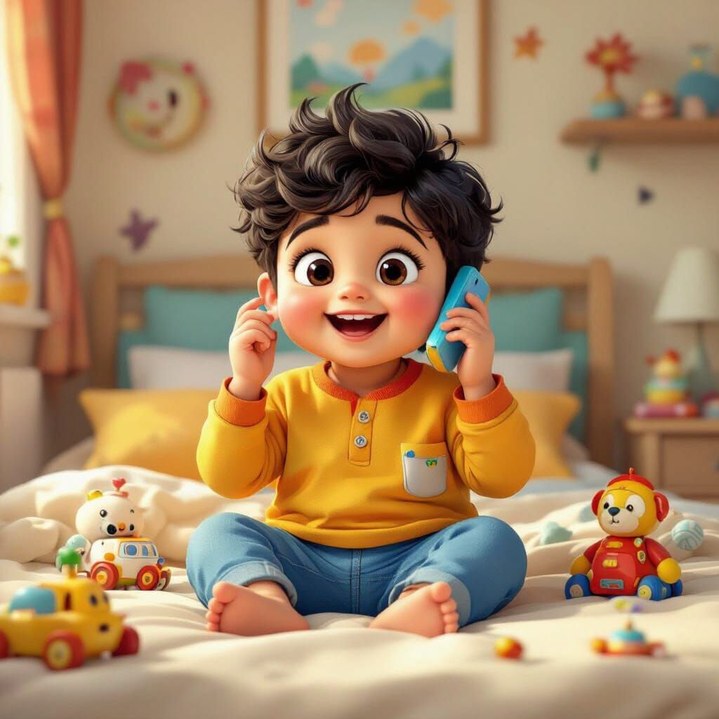 Chubby Boy Chatting on Toy Mobile Phone