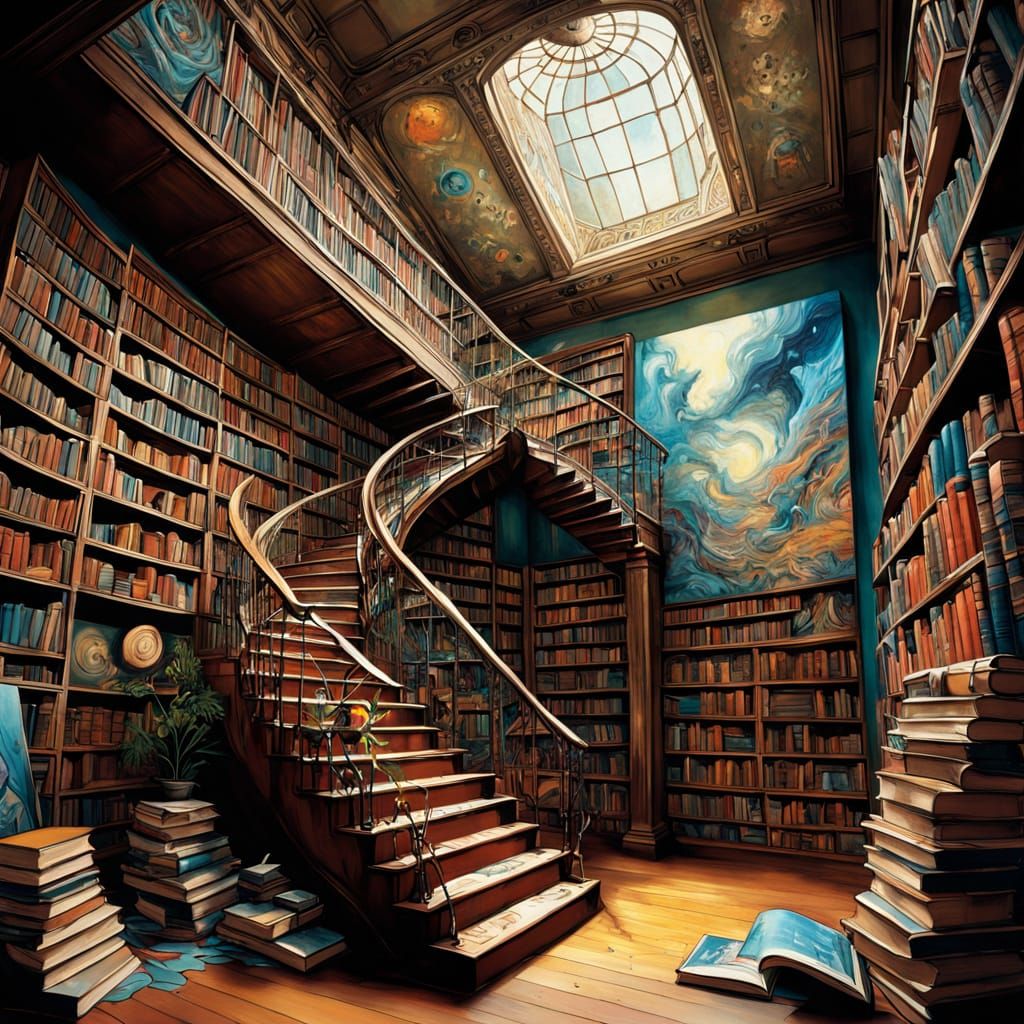 Enchanted Library in Vibrant Oil Painting Style