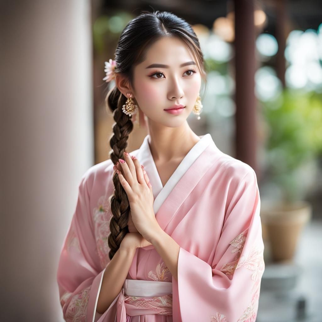 view of a young Japanese woman with a delicate nose, beautif...