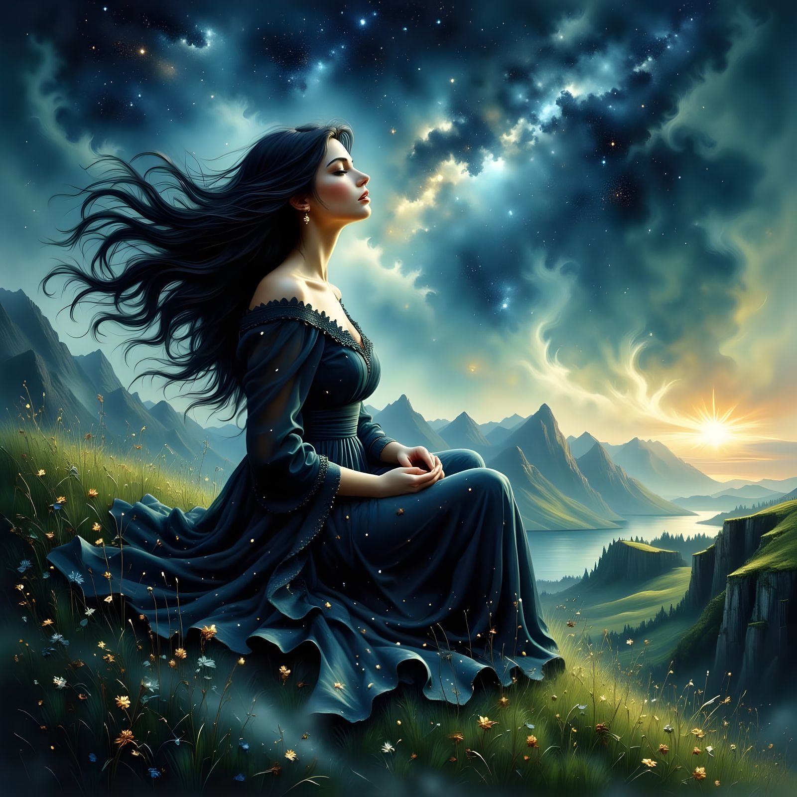Norse Goddess in Cosmic Starry Background with Windswept Hai...