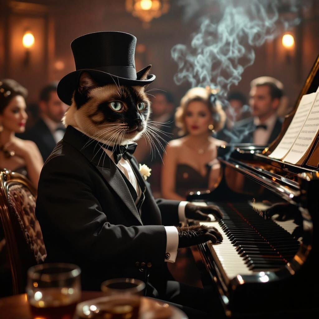 Siamese Cat Jazz Pianist in Classic Film Style