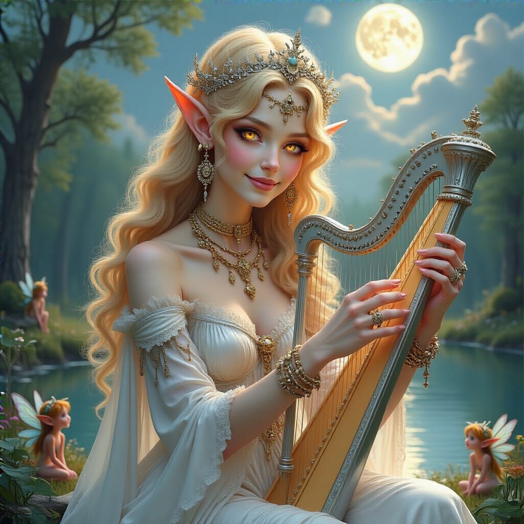 Elf Musician Under Moonlit Sky, Ethereal Forest Scene