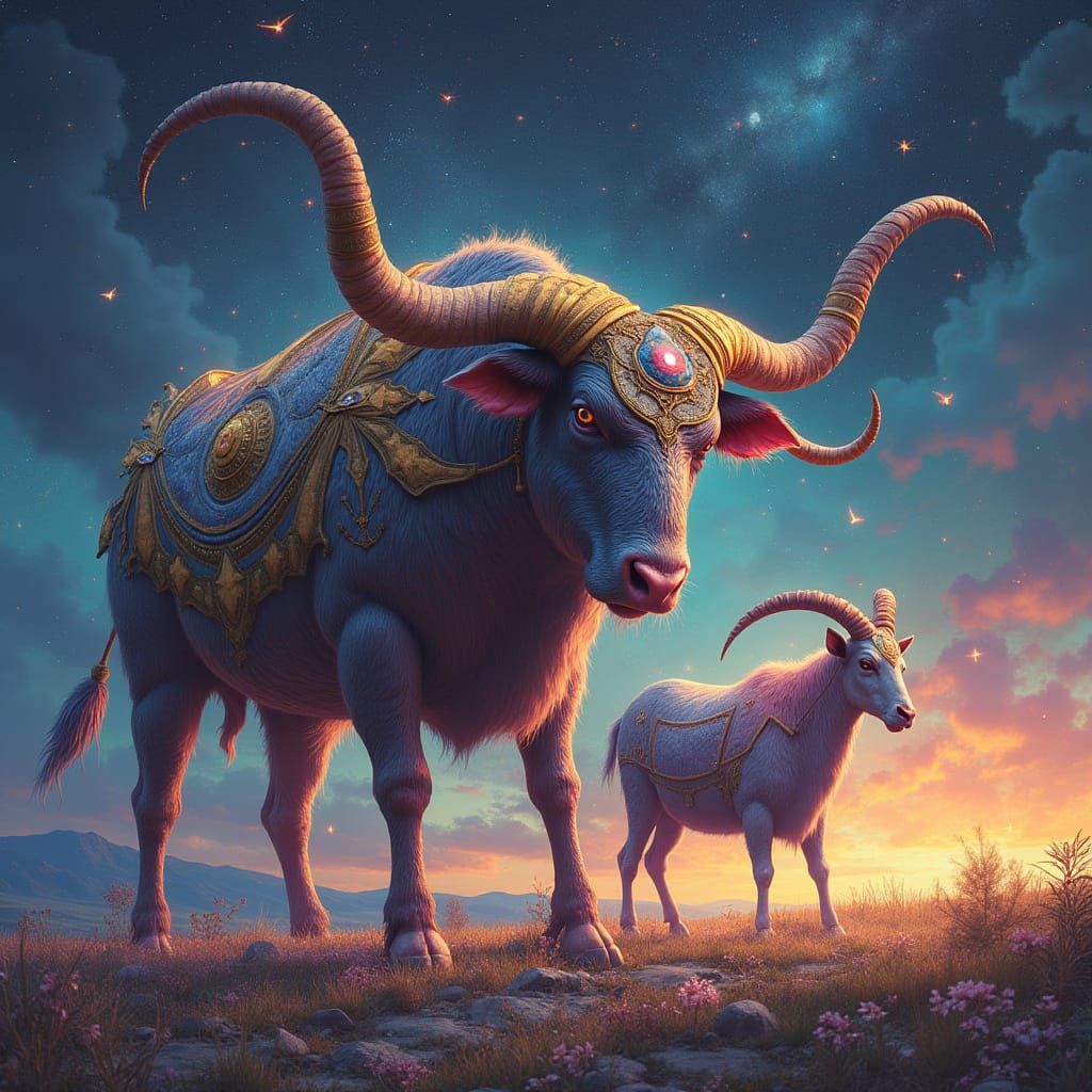 Cosmic Taurus Bull Devouring Capricorn Goat