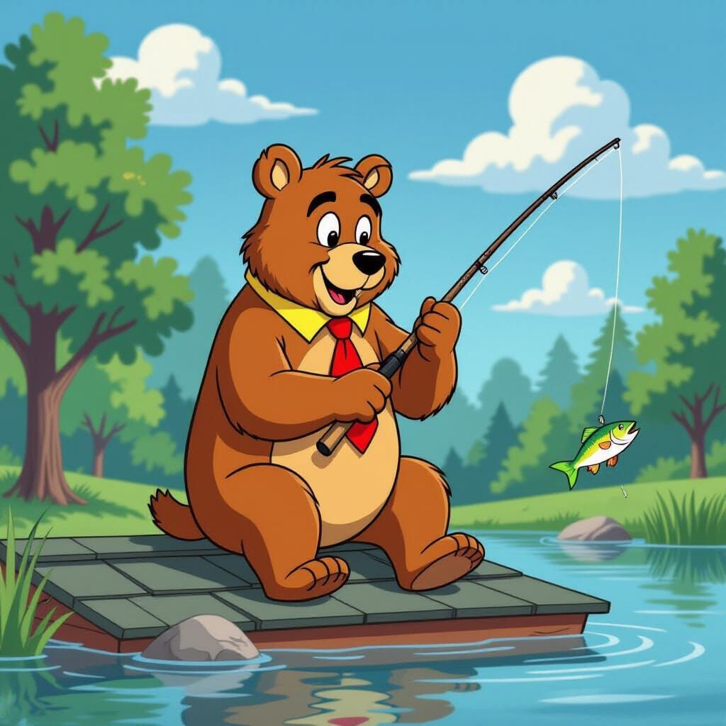 Yogi Bear Fishing on Ranger Roof in Hanna-Barbera Style