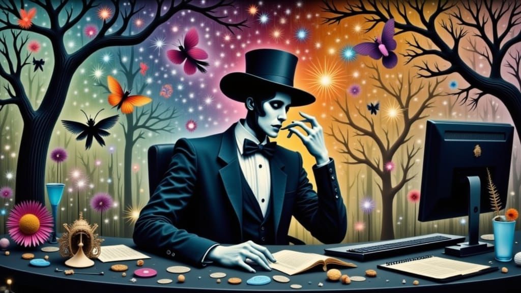 <lora:Psychopomp:1.0> Daryl takes a cigarette break while working at the Bureau of Tea and Biscuits whimsical fantastic ...