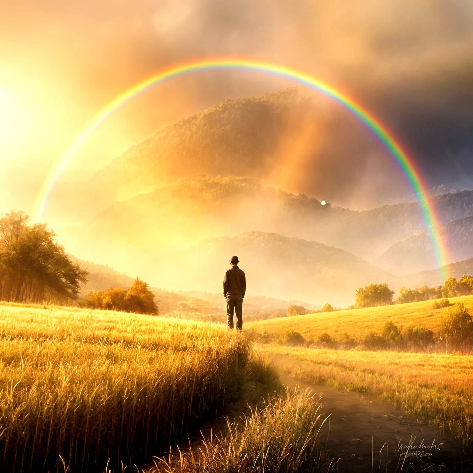 Ethereal Impressionistic Rainbow Over Golden Wheat Field