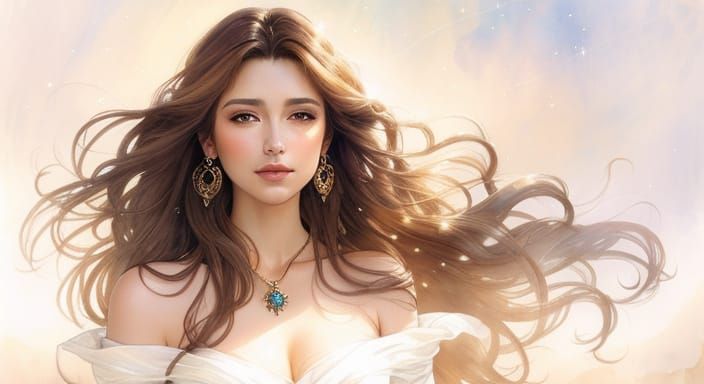 Elegant Woman with Sapphire Jewelry in Watercolor Style