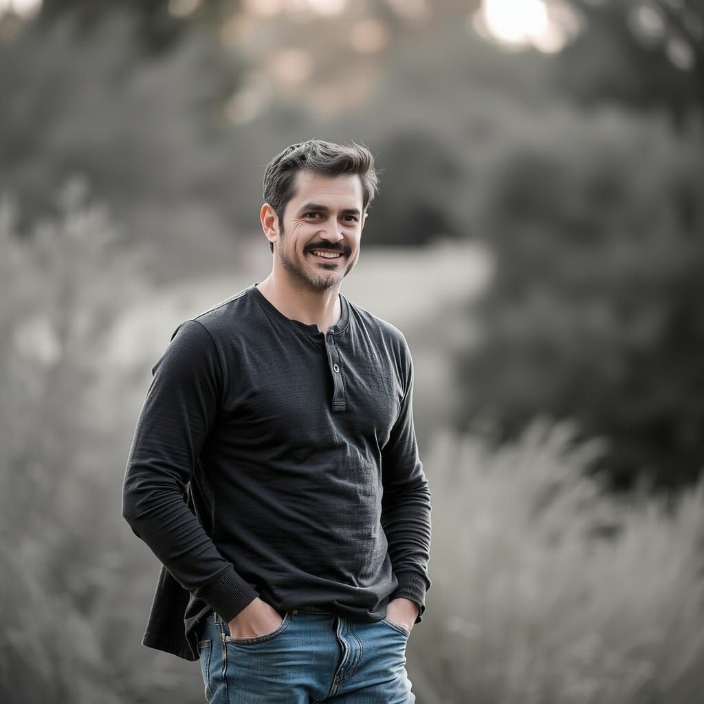 Richard Grayson in Jeans, T-Shirt, and Henley